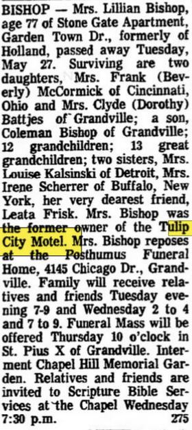 Tulip City Motel - May 1975 Obit For Former Owner
